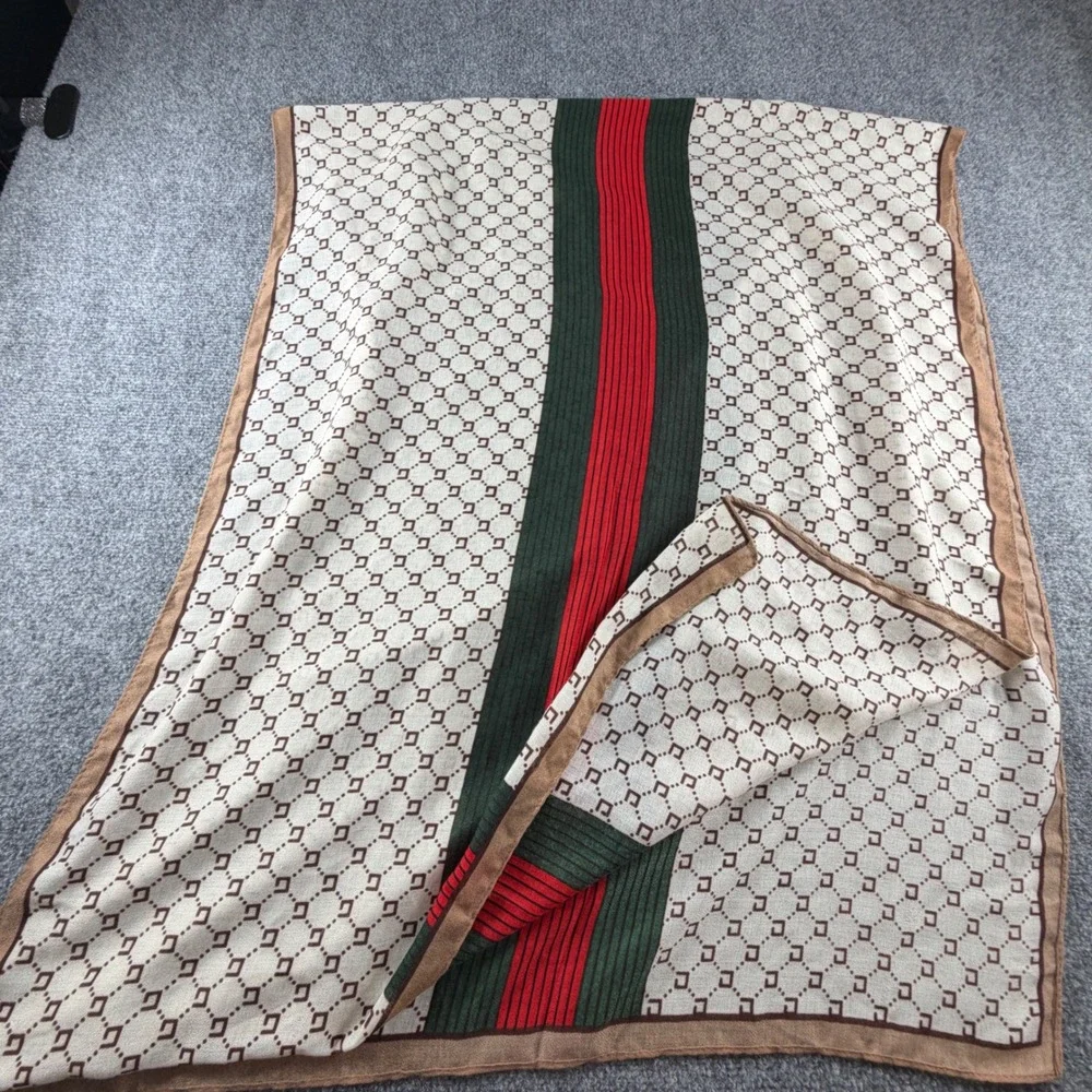 Monogram Web Stripe Scarf Cream Brown Green Red Lightweight Wrap 33x27